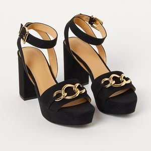 H&M Black Faux Suede Gold Chaim Detail Platform Heels Size 8.5